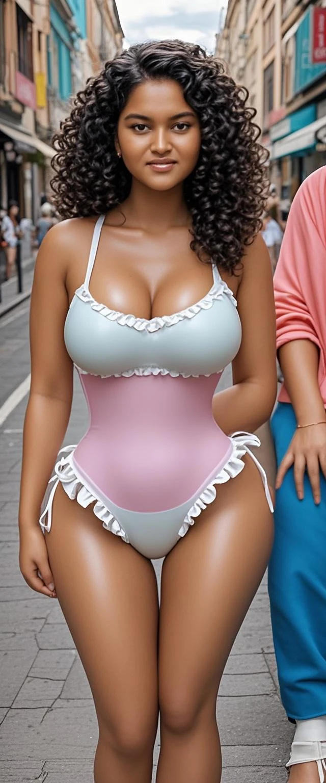 (A selfie photo of two Japanese girls), 25-years-old, (Standing closely), (At the beach), (Both smiling), (Both looking at the viewer), best quality, masterpiece, (Wearing pale-purple sheer lace swimsuit and stockings), (choker), (((Double eyelids))), Bangs down, earrings, (((Big beady eyes))), ((Nudists))