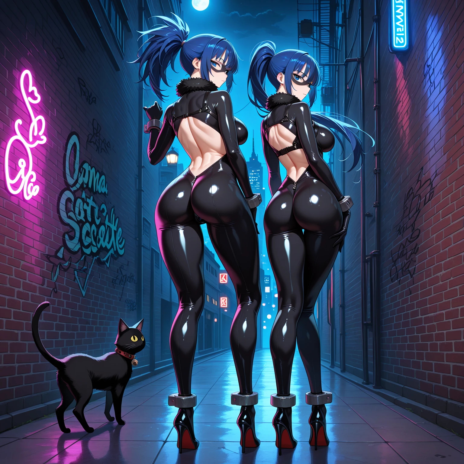 (Masterpiece, masterpiece, extremely detailed and precise).
A party of lesbian women wearing tight full body latex suits. A colorful latex suit that tightens your body. Glittering latex shine. BDSM. Plump body. Her huge breasts and huge ass are emphasized.
A deep kiss.