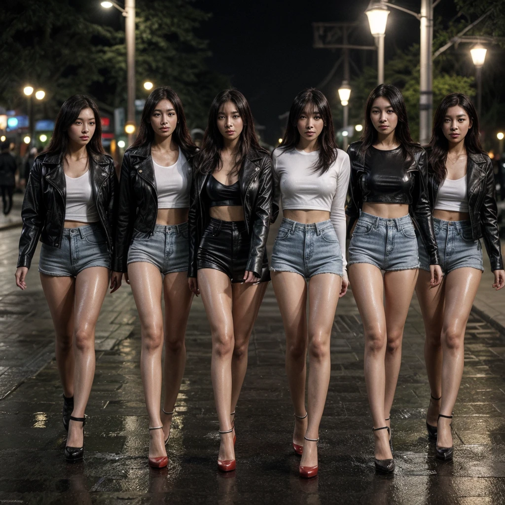 Five members with pink hair , Sexy standing pose, favela,Garbage heap,best qualtiy,full-body portraits(1:1),delicated face,The girls are all the same height,Slim and slim figure,Skinny,Larger bust,Gorgeous black bikini,Looming,Panties to the crotch,The barefoot,sweat leggs