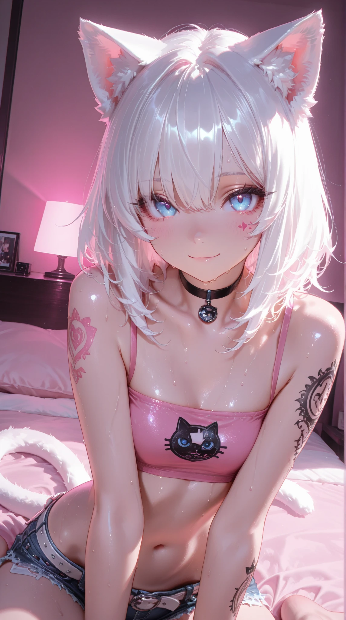 White hair. Short hair. Inner pink hair. Anime girl. Asian girl. Ulzzang. Pink eyes. Glowing eyes. Smiling. Tanktop. Cleavage. Nekomimi.