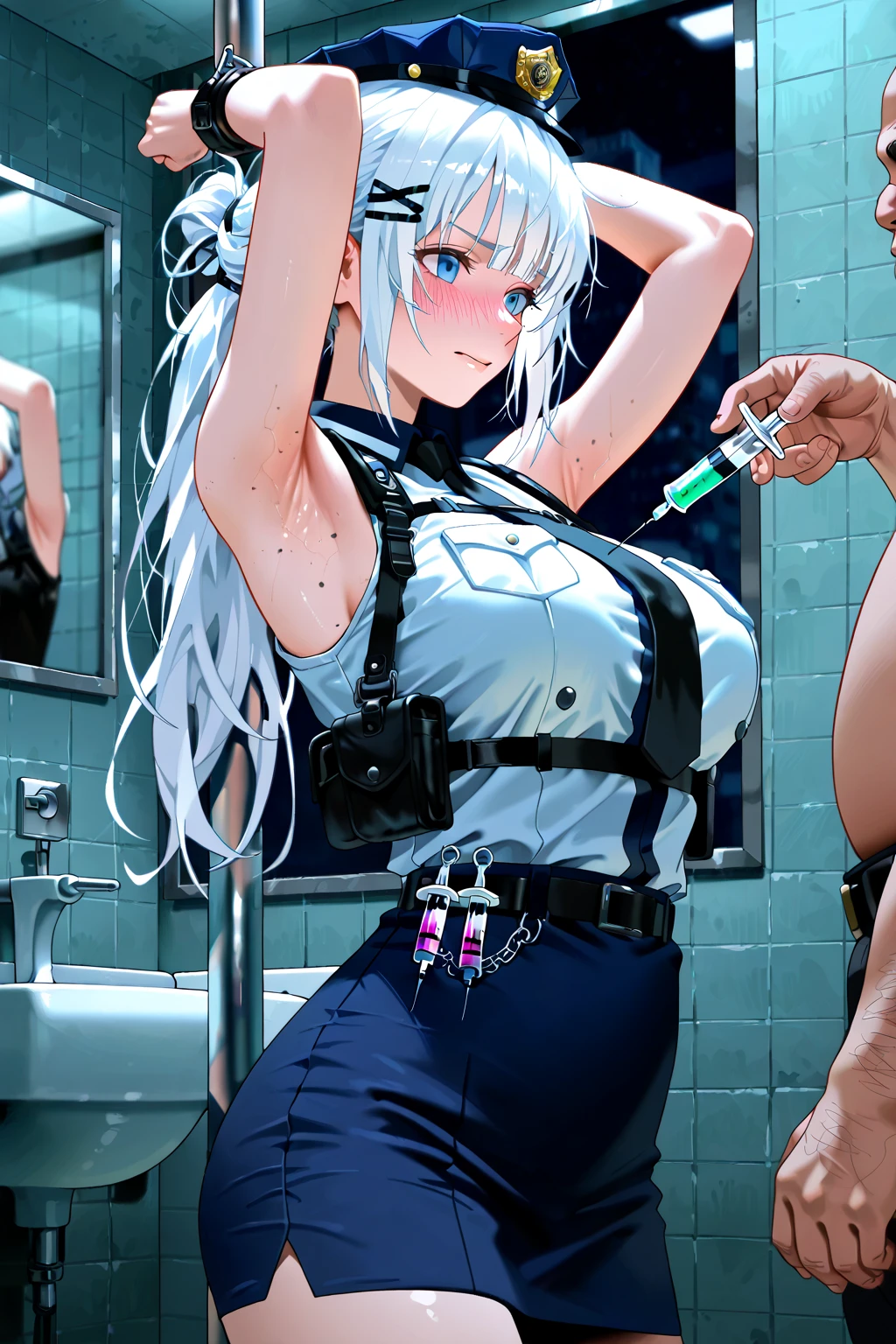 Anime style, Painting, absurderes、perfect anatomia、Lucy、bra very、Bra visible from clothes、Braline、breastsout、short hair, Classroom、cleavage of the breast、clavicle、desk、From above、big breasts, on desk, pleatedskirt, School Desk, student clothes, see -through, The shirt, sitting on, Sitting on a desk, skirt by the, solo, thighs thighs thighs thighs, red blush, ssmile