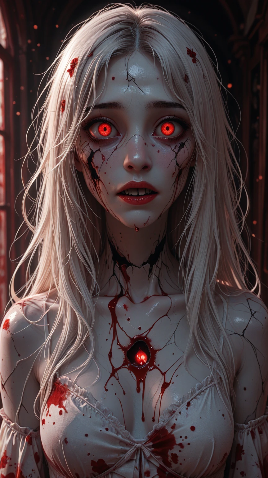 pale vampire girl with short messy hair,olhos verdes,sardas no rosto,pele clara,pintura a oleo,obra de arte,pintura renascentista,sobretudo de metal e pelo de animal, (sangue: 1.5),sad expression,plantas,detalhado