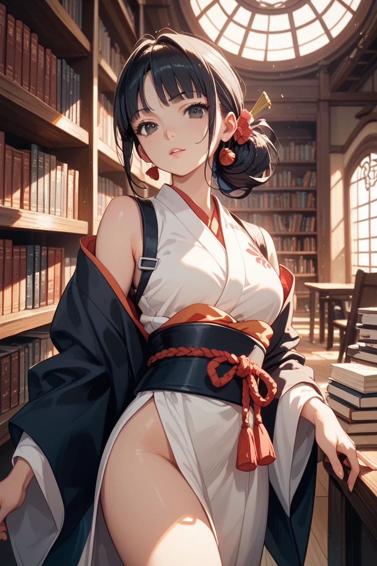((((highest quality))))、(((Ultra-precision CG16K wallpaper)))、(((masterpiece)))、(((Super detailed)))、(((super extreme details)))、((1people's women))、mature woman、24 year old woman、(((clarity、detailed face:1.6)))、((Japanese face))、((very beautiful face))、((Mai Shiraishi:1.5))、((straight long ponytail hair、blunt bangs:1.5))、(shiny brown hair)、((Big eyes with double eyelids))、beautiful delicate eyes、brown eyes、raised eyebrows、high nose、small nostrils、small mouth、seductive lips、beautiful breasts、((C cup size breasts))、cleavage、plump body、(Chubby body type)、perfect proportions、perfect anatomy、perfect composition、beautiful detailed shading、beautiful natural lighting、beautiful detail glow、Depth of the bounds written、(((High chroma)))、(((real:1.9)))、((vivid:1.5))、((edge:1.6))、((beautiful skin))、((skin texture))、((realな皮膚感))、(((cowboy shot:1.6)))、((Low angle view from below front:1.8))、((shy smile:1.5))、(Eyes looking at me:1.5)、Bright daylight、Natural light、(((library:1.5)))、(standing pose:1.5)、(((V-neck ribbed dress_Dark orange clothing:1.6)))、(((panties_Show white:1.8)))、((earrings、wearing necklace:1.3))、(((Lift up your skirt with both hands:1.5)))、