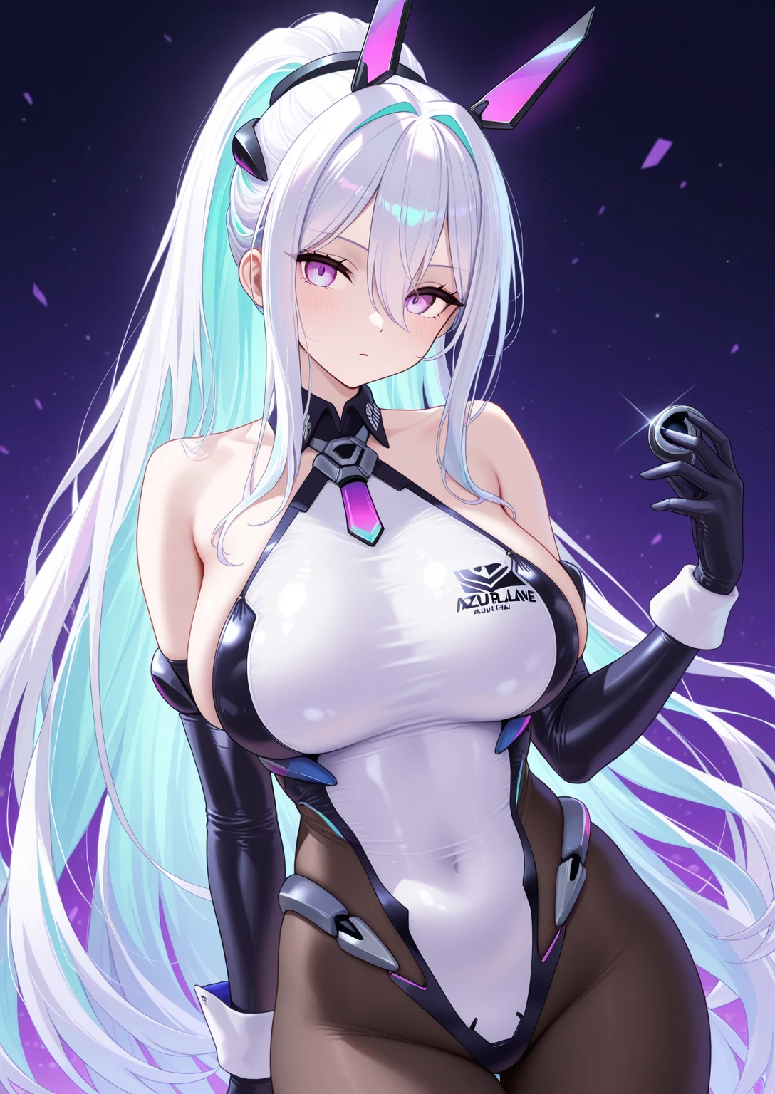 1girl, white hair, long hair, vr visors, visors, head-mounted display, ((covered eyes)), covered eyes, bodysuit, white bodysuit, science-fiction, machinery, futuristic, tech, neon, neon trim, large breasts, thick thighs, wide hips, swaying hips, hip sway, sway, arms behind back, arms up, smile, hands behind back, dance