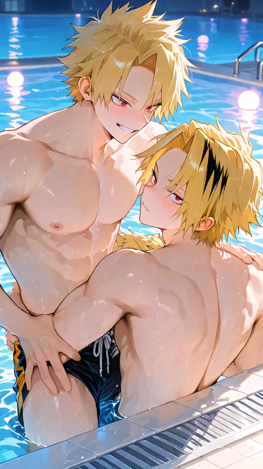 2 boys ,blonde hair ,blue eyes ,swim trunks ,shirtless ,high quality ,masterpiece ,beach ,kissing ,night 