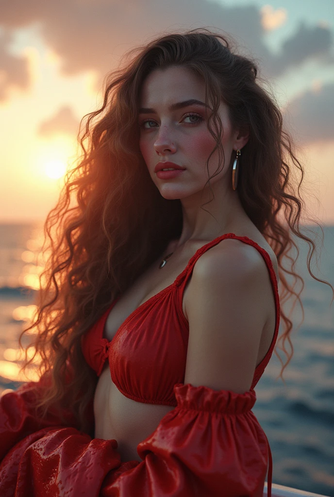 Ultra-realistic full-length portrait of a beautiful Italian model with a seductive charm and penetrating gaze. Eye shape reminiscent of almonds, luxurious lips, symmetrical face, magenta curly hair, loose golden locks, beautiful body, bright red dress, delicate silver twists, thick eyebrows, long eyelashes, serene and welcoming look looking at the camera during the golden hour
