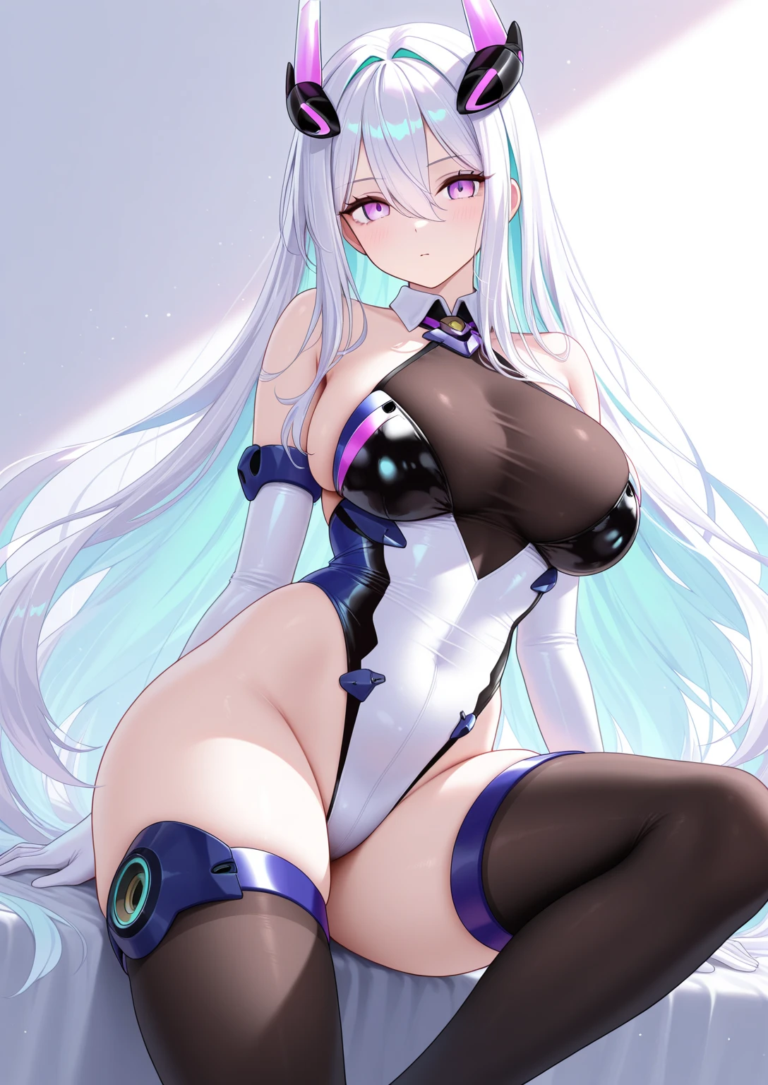 (Masterpiece), (best quality), 1girl, (((angle from below))), from below, smirk, long hair, white hair, cat ears, blue eyes, ((big breasts)), ((wide hips)), latex bunny suit