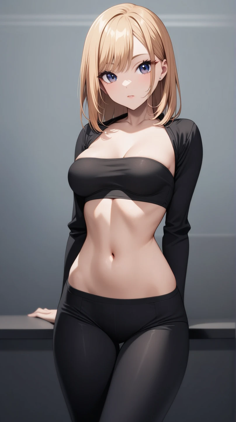 anime, beautiful face, highly detailed face, 2 accurate legs detailed eyes, highly detailed background, perfect lighting, accurate arms, beautiful blonde hair, accurate hands, accurate fingers, full body, 1girl, solo, ruby hoshino, oshi no ko, indoors, detailed heels, black heels, detailed thighhighs, absurdres, high res, ultrasharp, 8K, masterpiece, looking at viewer, teasing smile, clubbing, in a nightclub, (wearing no bra:1.4), pencil skirt