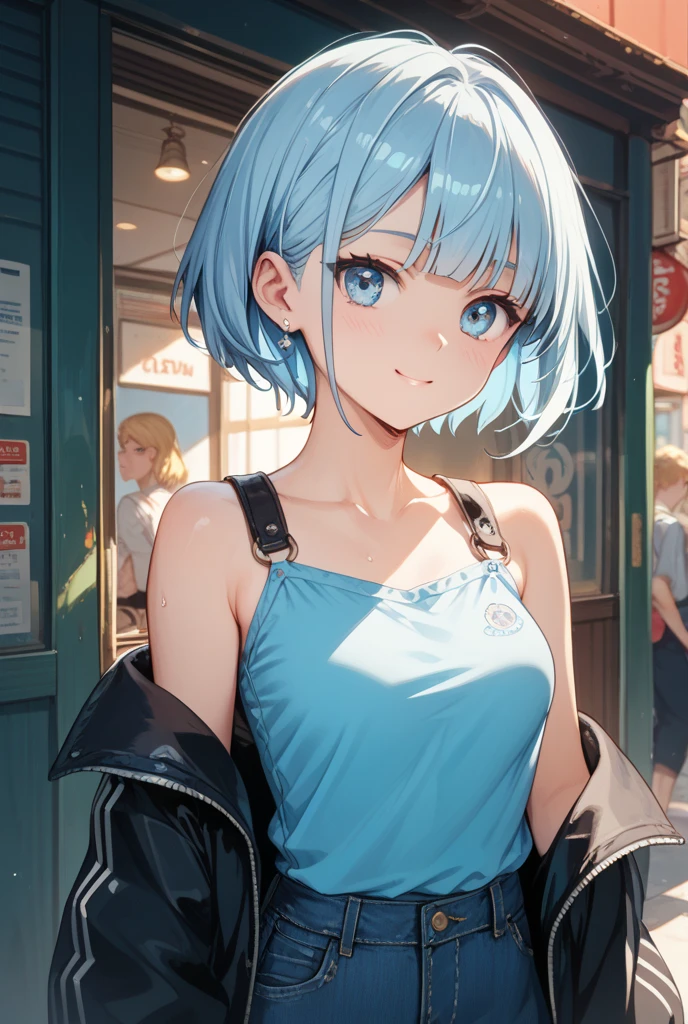 17-year-old woman alone on a rainy day who has light blue hair that is shoulder-length and has honey-colored eyes and a slight smile.