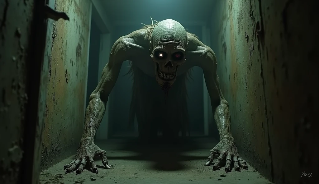 jikininki, corpse-eating spirit, ghoulish appearance with decayed flesh, lurking in the shadows of an abandoned shrine, horror and macabre, high resolution, crumbling stone walls, dark and foreboding atmosphere, eerie silence