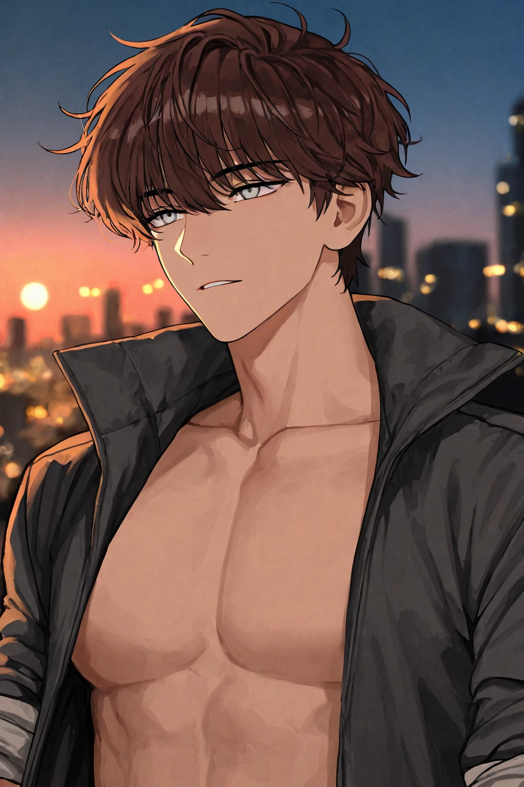 ((illustration)), (best quality)), ((masterpiece)), (detailed), ((night)), teenager, solo, 1boy, male focus, black jacket, short hair, black hair, shaggy hair, jeans, upperbody, cityscape, lineart, thick lines, comic cover, itadori, itadori_yuuji,