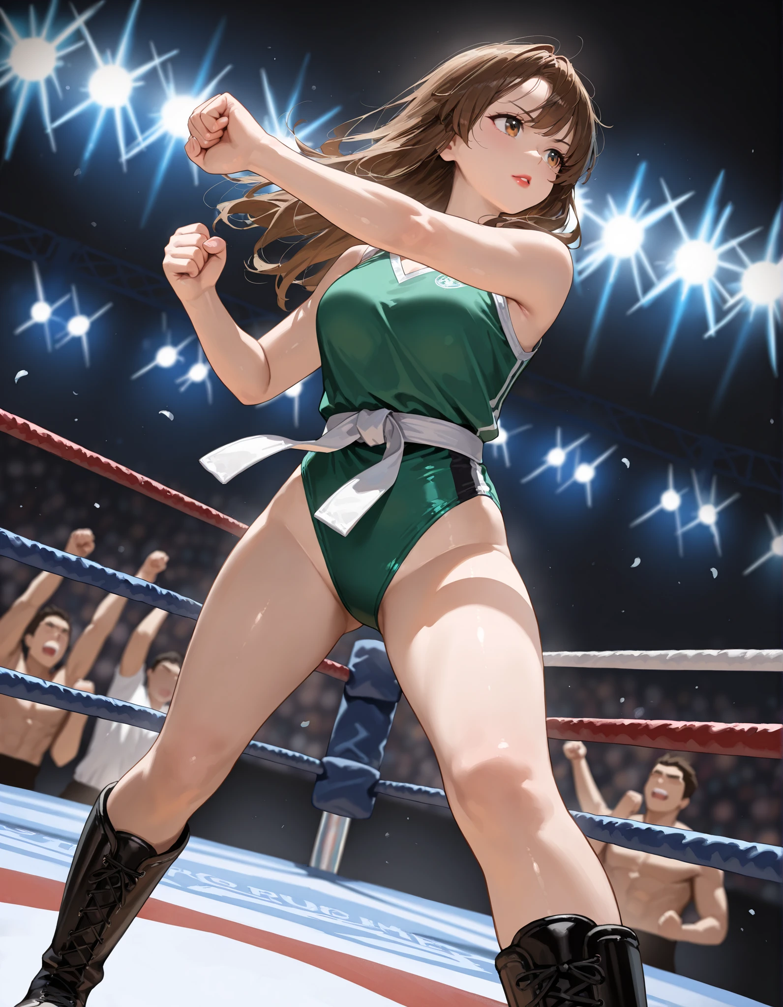 Master piece, best high quality image, carefully detailed details and textures, alone character, full view, HD, high resolution
{{(1character: 50 years old brown haired human woman noble: (fair skin, short straight brown hair, beautiful blue eyes, beautiful face, sharp eyebrows, voluptuous figure, big breasts, beautiful legs), (green headband, pale-green one-piece wrestler leotard, cleavage, green arm sleeves, dark-green fingerless gloves, green long wrestler boots, pale-green knee pads, pale-green elbow pads, short blue cloak), (very tired, defeated, frustrated, fallen on the wrestling ring mat, breathing tired, sweating, recovering herself, pain), (wrestling ring, night show, wrestling aftermath))}}
