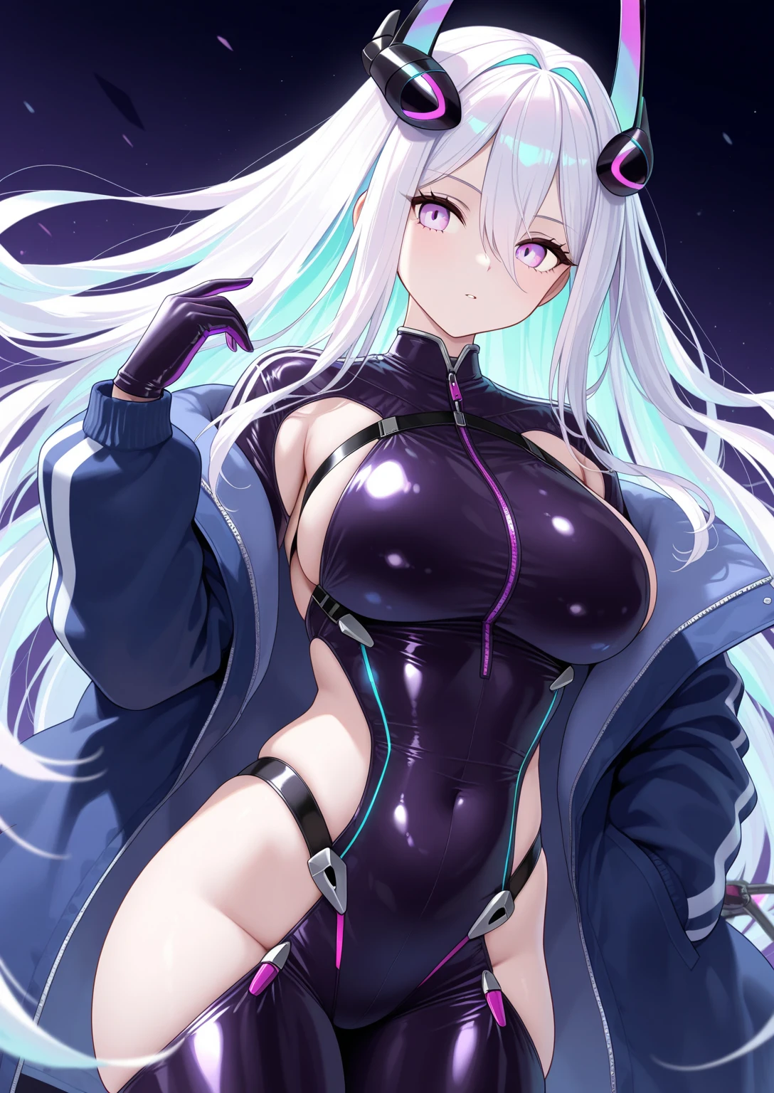 Anime Girl 2d Long Hair Loose light Purple-Grayish, Age Adulthood adult, in Pirate tight suit sexy blushed sit over a bed