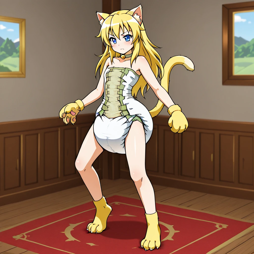 ((masterpiece, high quality, best quality:1.4)), liru, 1girl, solo, animal ears, wolf ears, blonde hair, wolf girl, dark skin, dark-skinned female, long hair, blue eyes, extra ears, tail, wolf tail, ponytail, gloves, (No bra), large breasts, detailed nipples, white panties, cameltoe, facial mark, fingerless gloves, thighhighs, fang, sitting, spread legs