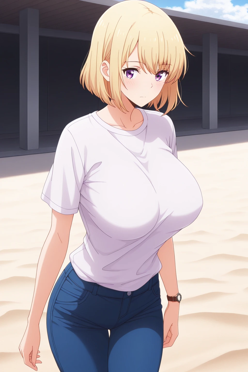 ((masutepiece, Best Quality, hight resolution, nffsw, Perfect Pixel, depth of fields, 4K, )), 1girl in, Solo, , Beautiful anime girl, Beautiful Art Style, Looking at Viewer, Perfect body, Short hair, single hair bun, blonde hair, (large boob), Full face blush, Smile, thighs thighs thighs thighs, tube top, short shorts, white background, sitting on floor, portrait shot, Focus,