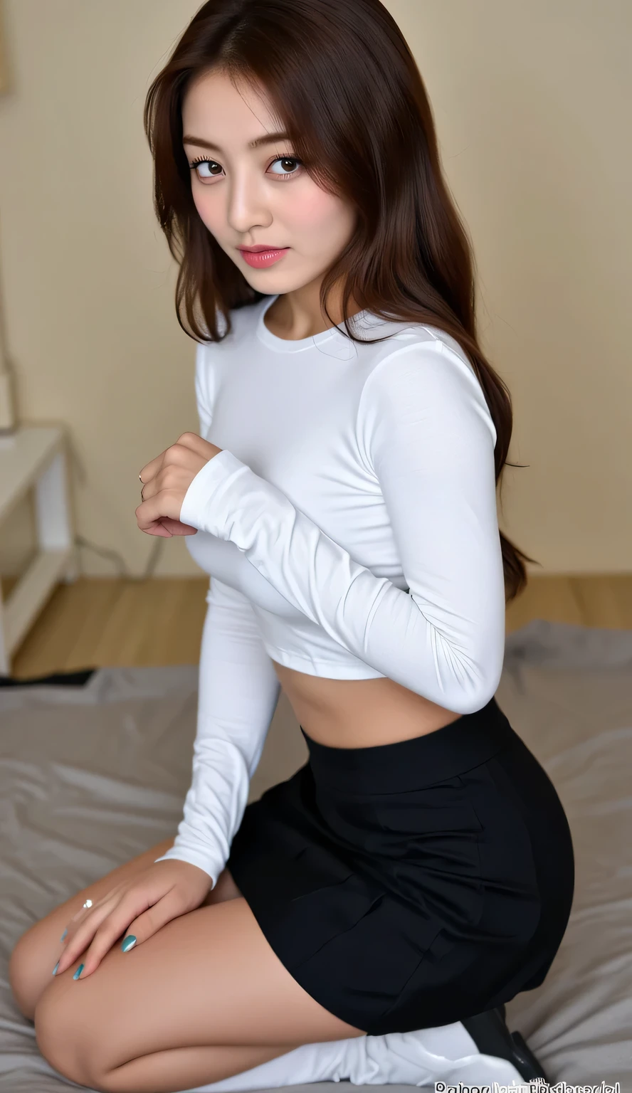 A Korean female idol who exudes charm, her short brown wavy hair is smooth and shining, as if every strand of hair is gently swaying to the rhythm of the surrounding music. Her face exudes mature appeal, and her expressions are rich and varied, depicting inner emotional stories. The earrings worn in her ears are unique and exquisite. They are not only accessories, but also a statement of her independent personality and fashion sense. The spandex suit she wore was form-fitting yet edgy, and every pose exuded her unparalleled confidence and charm. Long-term fitness has made her body curves tight and powerful, and her muscle lines are clear and eye-catching, highlighting her strong and energetic figure.