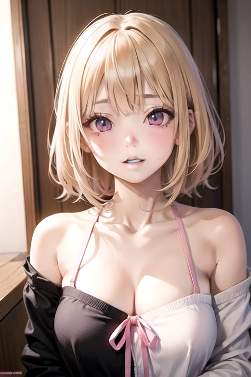 blonde, short hair, girl１, in the Living room, sofa, upper body, completely nude, (small nipples:1.2), (small areolas:1.2), kawaii, cute, pale purple eyes,(shy), (blush),light smile