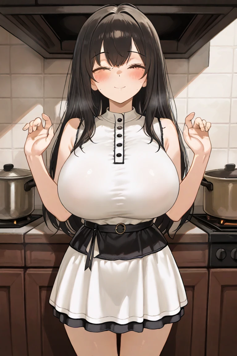 (Mature Woman:1.5), (mother:1.5), Ishtar, Fate Grand Order, (absurderes, 8K, 4K, masutepiece, hyper extreme detailed:1.2), Best Quality, Perfect Anatomy,Perfect face,Facing forward,High humidity, (alone:1.2), (Sweaty:1.3), shortness of breath, High humidity, humid, (Black Hair:1.1), Red eyes, Looking into the camera, (Very large breasts:1.5), Light clothing, apron, (kitchen;1.1), (Having a conversation:1.5), (Speech bubble:1.2), A kind smile, relief, peace of mind, mother性, Cooking, have a ladle, pot, pot-au-feu,
