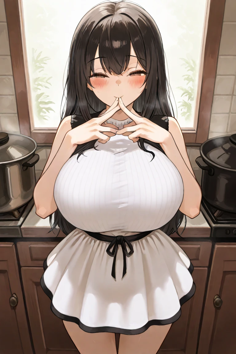 (Mature Woman:1.5), (mother:1.5), Ishtar, Fate Grand Order, (absurderes, 8K, 4K, masutepiece, hyper extreme detailed:1.2), Best Quality, Perfect Anatomy,Perfect face,Facing forward,High humidity, (alone:1.2), (Sweaty:1.3), shortness of breath, High humidity, humid, (Black Hair:1.1), Red eyes, Looking into the camera, (Very large breasts:1.5), Light clothing, apron, (kitchen;1.1), (Having a conversation:1.5), (Speech bubble:1.2), A kind smile, relief, peace of mind, mother性, Cooking, have a ladle, pot, pot-au-feu