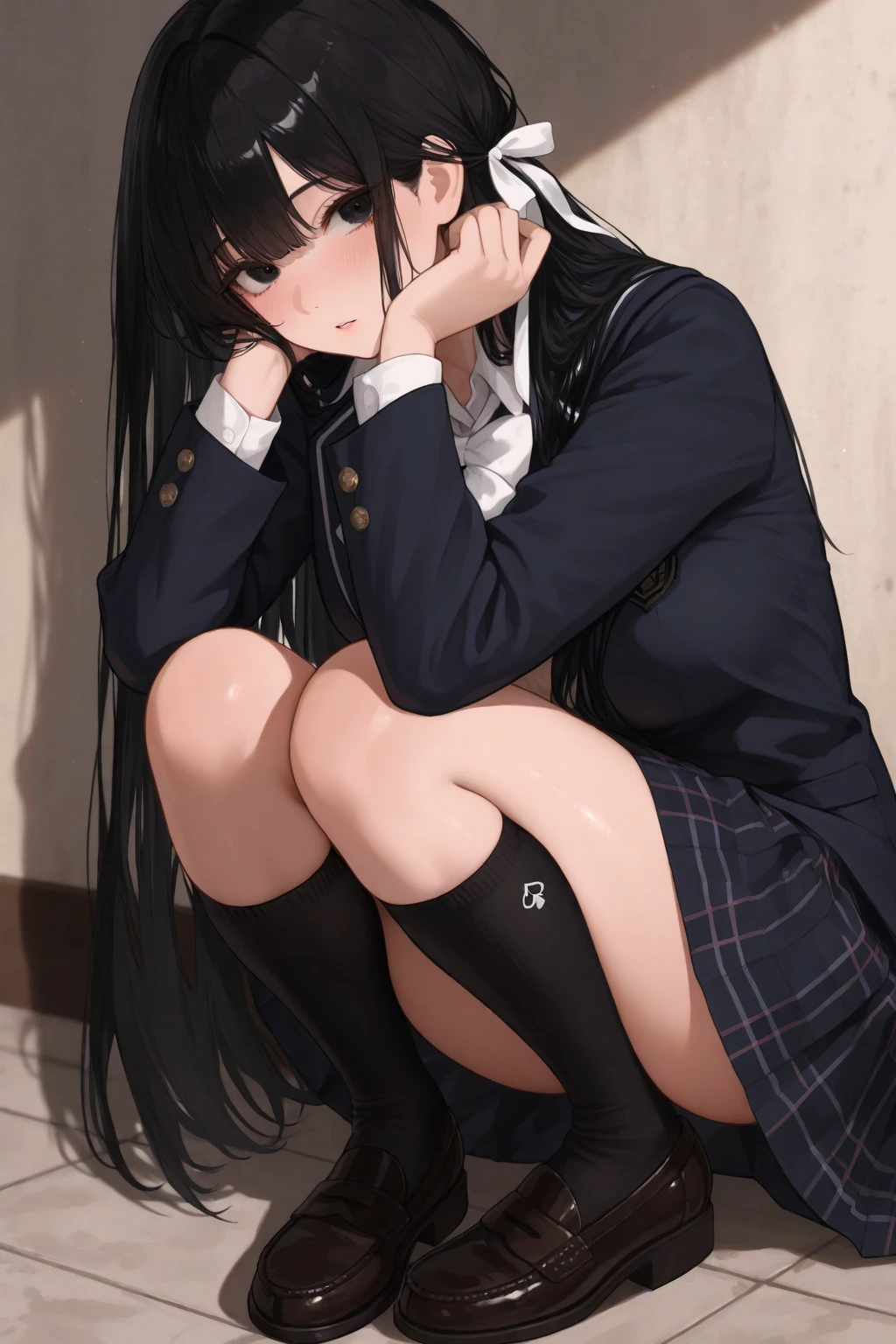 Top quality, masterpiece, High resolution, (Head to toe full body), front, frontやや下からの構図, Symmetric, Tall 18 year old girl, alone, (Head to toe), (Small breasts), Unkempt brown hair, bangs, (black tights), (Black Pantyhose), (Sit with your legs apart), (Crouching pose), (A composition showing white panties), (Her legs were spread、I see your white pants.), (I was made to sit on the floor with my legs spread..), (M-shaped legs), Thin legs, A very beautiful and tall 18 year old girl, (No shoes), blush, Shy big eyes, looking at the camera, Blazer Uniform, Checkered Pleated Skirt、Megumi Kato