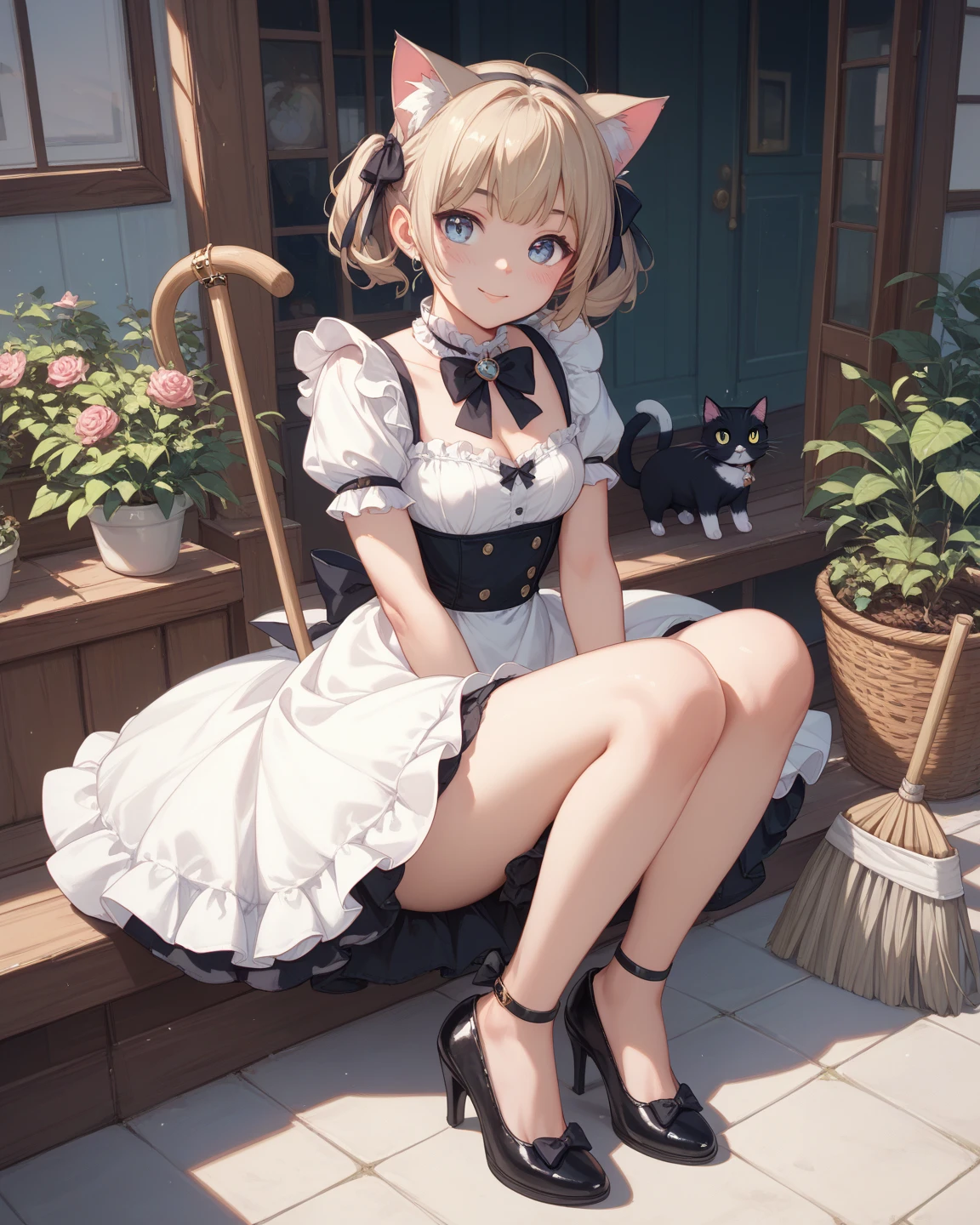 Solo Girl, 20-year-old,Medium Hair, Light brown hair, Mid-chest, highest quality, High resolution, Very detailed, Detailed Background, Perfect lighting、Extreme maid outfit、very cute, Blue eyes, a pair of cat ears, Blush, White pantyhose, No shoes on, On the ground, green underwear, A skirt lifted by the wind