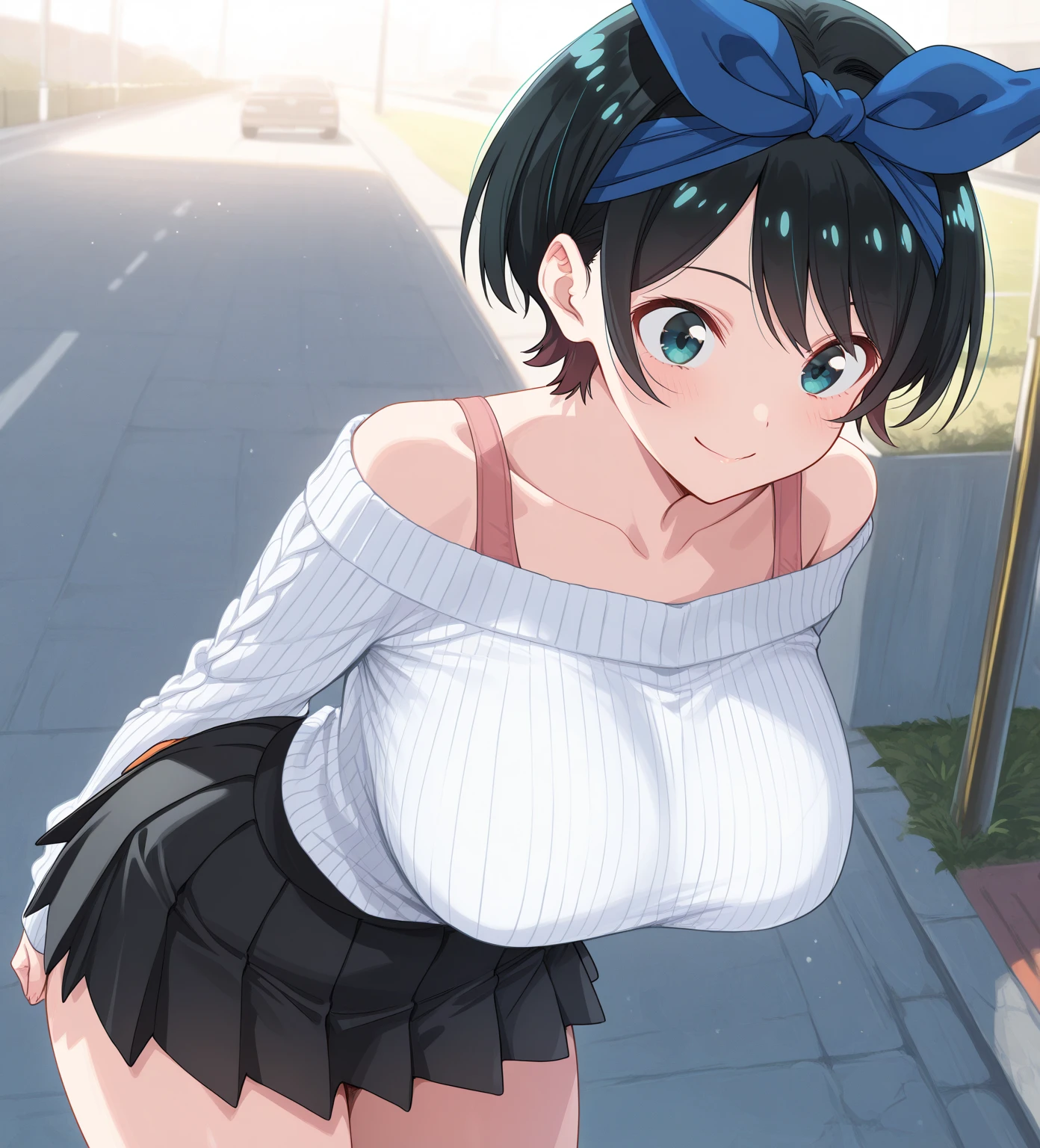 (Masterpiece, Best-quality, RAW-photo, Ultra-High-Resolution, Photorealistic, Very realistic human skin, Perfect and detailed human fingers, Sense of reality, Anatomically correct, NSFW), 
(Thin waist and busty style body, Cleavage, teat, 17-years-old, Realistic Japanese girl, short height, turn the body forward, Angle from below), 
(Countries, Round face, Black hair, Black eyes, Moist and Mellow eyes, Short bob cut, bangs, Down-slating eyebrows, one little earring), 
(smile, See photographer, look at viewer:1.2), 
Natural lighting, shorts, No panties,No bra 、Exposing the breasts
(just the two of us)
perspective from above、Pleated skirt、mini skirt、