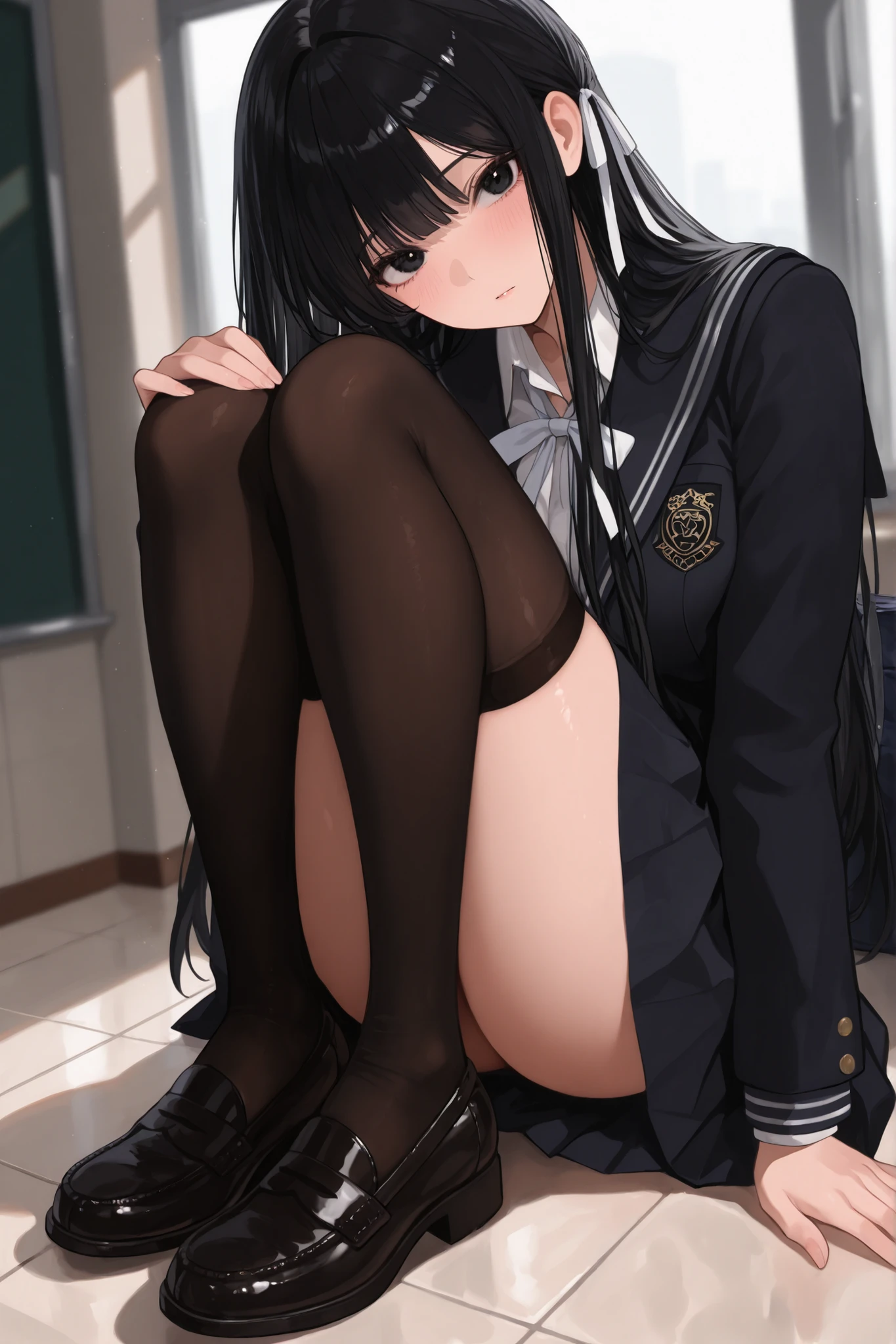 Boldly showing off your crotch to the viewers、One girl in a mini skirt, Sit with your legs wide apart、Looking down at the viewer, ponytail, Highest quality, Focus on the thighs, Spread your legs wide, smile, blazer, blouse, Black Pantyhose, panties under pantyhose, , classroom, Black Hair,My thighs are steaming between the legs 、Sweaty pantyhose、Show the soles of your feet