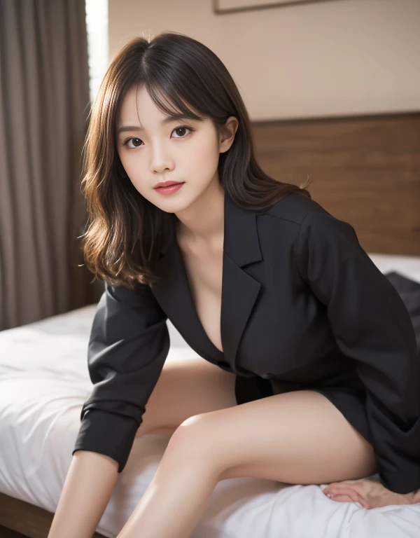 absurdres, RAW photo, extremely delicate and beautiful, masterpiece, Best Quality, ultra high resolution, 32k, hyperrealistic, ultra-detailed, perfect figure, Perfect Style, Perfect balance, in her 20s, very small head, very small face, delicate facial features, tearful mole, earring, very huge breasts, full body shot, bare legs, medium hair, black hair, (business suit), open jacket, (blouse), short skirt,