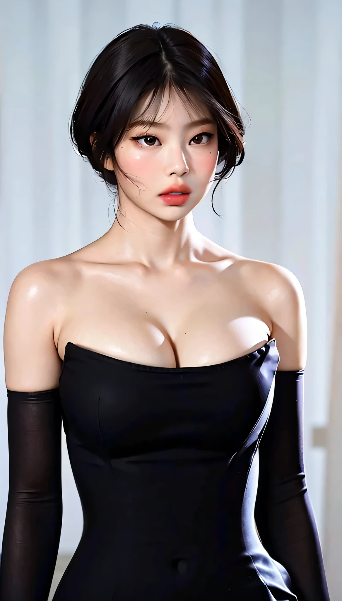 Realistic、(masterpiece、Highest quality、Highest quality、Official Art、Beautiful and aesthetic:1.2)、Very detailed、woman,people々turn black:1.2,((Backlighting:1.2)),Fractal Art、colorful、Short Bob Hair,Highest detail、Tangled、(The background is bright and abstract:1.5)Silver Hair、Bright Eyes、all back、Masseter muscle area,High definition,1peopleの少女、Idol、Close-up、clavicle、picture、movie、Depth of written boundary、Jito Order、Eyes from below,Long Hair,View your viewers、Cleavage,((surrealist clothes:1.4)),Puffy eyes,Sit on,(Big Breasts)