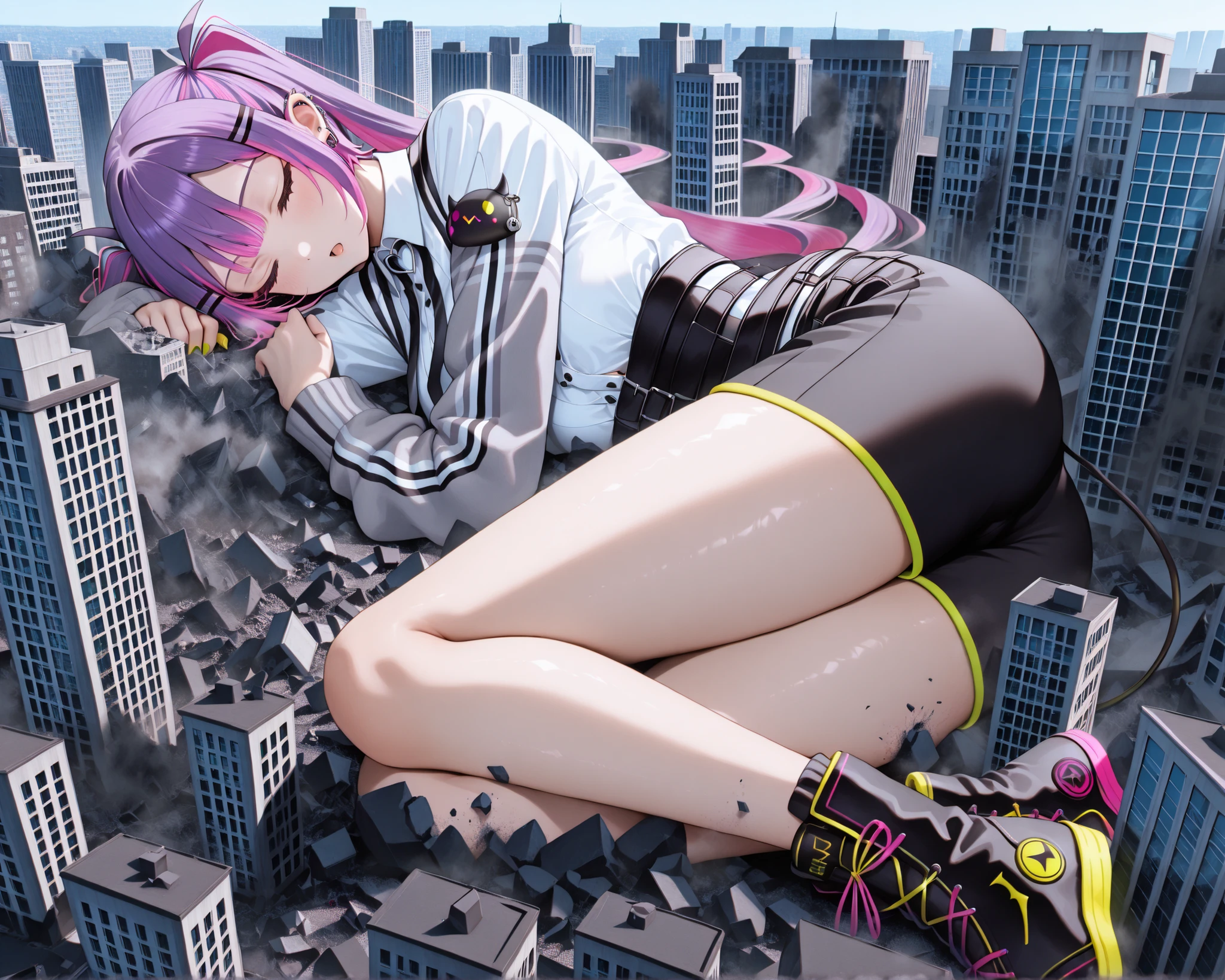 masterpiece, best quality, great quality, very detailed,The huge "Tokoyami Towa" towering higher than any other building, miniature cities, ruined miniature cities, crowded buildings, the "Tokoyami Towa" sleeping after destroying buildings,
"Tokoyami Towa" sleeping while destroying a building,"Tokoyami Towai" rests in a pile of building rubble