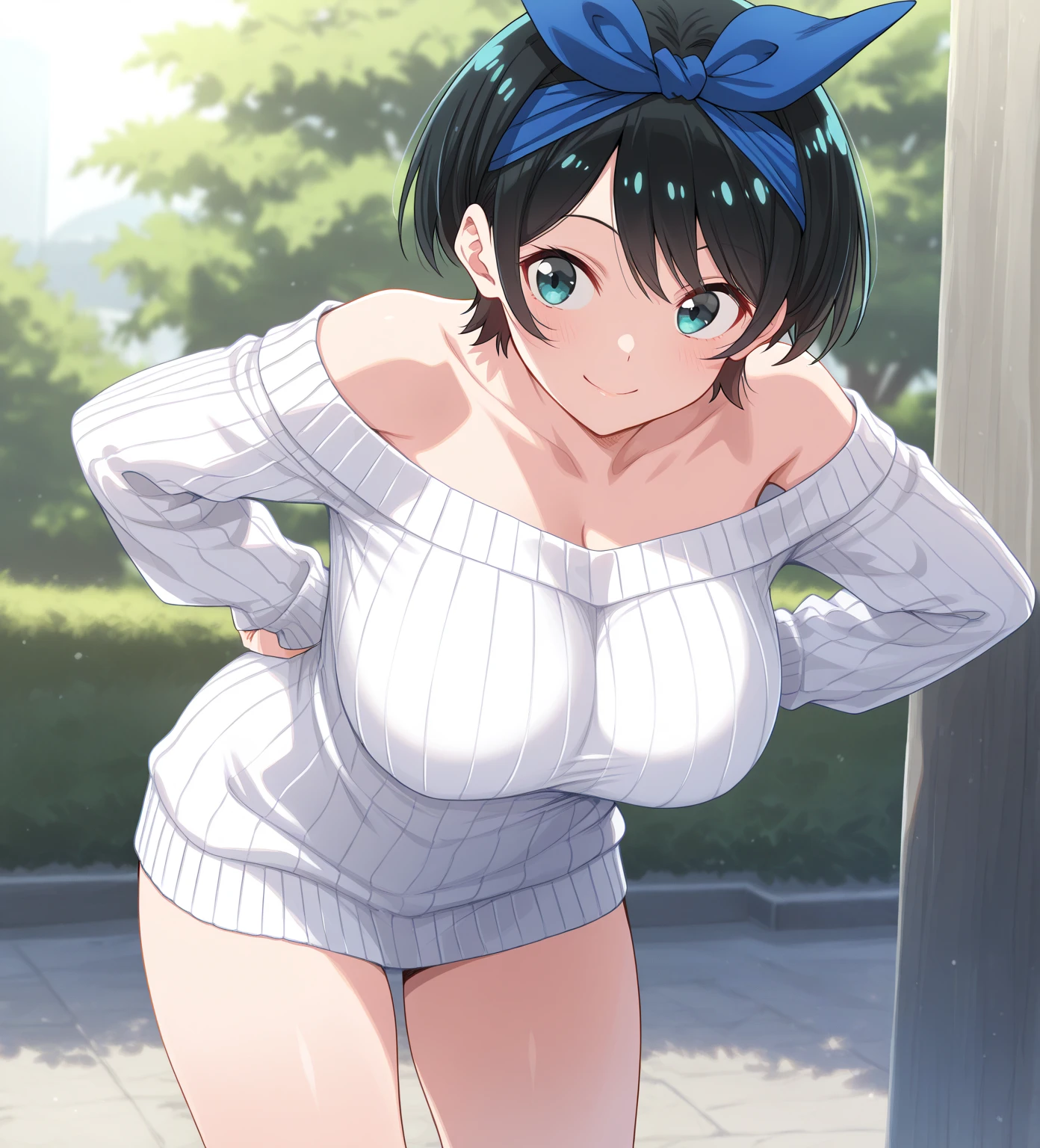 Main piece、high quality、High resolution、1 girl,single, Ruka Sarashina、jewelry、skirt、Sailor uniform that exposes the chest、ネイビーのプリーツskirt、black hairの女性、short hair、black hair、black pantyhose, blue eyes, long sleeve,, bow, bow, blue hair band, bangs, big full breast, cleavage, Medium waist, medium hips, wide thighs, Cowboy photos, smile, fascinating, embarrassing, blush、In town、lots of people、crowd, looking at the viewer,from below、Low - Angle,very big breasts、cleavage、no bra、no panties、no panties、nipple、nippleを出す、nippleからミルクが吹き出す、nippleからミルクが滴る