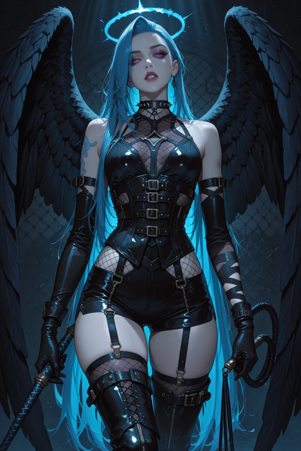 best quality, masterpiece, realistic, photorealistic, 1girl, solo, looking at viewer, smile, standing, cowboy shot, hatsune miku cosplay costume, hatsune miku, cosplay, aqua hair, very long hair, twintails, shirt, corset, skirt, plaid skirt, detached collar, detached sleeves, arm warmers, bowtie, bow, horns, demon horns, demon wings, demon tail, ribbon, o-ring, chain, thigh strap, hair ribbon, hair bow, thighhighs, torn thighhighs, simple background, grey background, (Fondo de ruinas de mazmorra en ruinas cyberpunk :1.4 ), (cinematic lighting :1.4),( perfect anatomy :1.4), (face detailed :1.4)