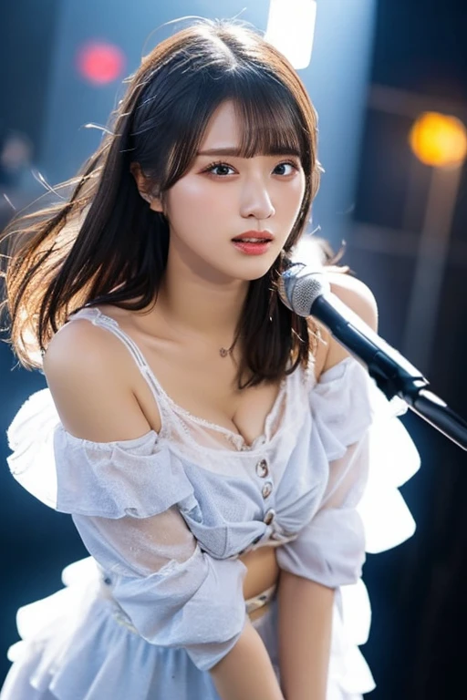(8k, Ultra-high resolution, The best masterpiece, best quality:1.2), Very detailed, Complete Solution, (actual, actual photo: 1.37), portrait, Half Body, focus on eyes, HD RAW photos, career arrest, High quality and beautiful, 超高清 8k 影像照片, Volumetric lighting, Soft Light, confess, Professional photography, Very detailed的美麗女孩, Super delicate face shape, Contoured eyes, (Very detailed eyes), Precisely shaped nose, expressive lips, Delicate skin, (HD Skin:1.2), Neatly contoured fingers, Every feature is carefully displayed, (25:1.2), Twenty generations, cute girl, Beautiful mature lady, solo, k-pop artist, (Sing:1.2) (dynamic posing:1.2), (Stylish clothing), shiny decoration, top idol, long hair, sparkling amber eyes, red lips, Eye makeup, Cleavage, best quality:1.2), Big breasts, (Hold the microphone), one hand raised, (music stage) Indoors, large concert, Spotlights of various colors, (audience:1.2), perfect anatomy, Detailed background, HD background without blur, particle, actual, stunning details, 8k Ultra HD, high quality, CG unity, C4D Rendering, 3D Rendering 