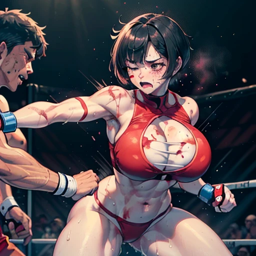 a female and a male are face to face and fighting in the fighting ring. a bloody beautiful young Japanese female fighter is being beated terribly by a male fighter. a man is punching a female. She is cornered on the ring ropes by the male. Blood is dripping from her nose. She is covered in scars and bruises. she is damaged terribry. Short-cut black hair, out of breath, drooling from mouth, crying, exhausted, drenched in sweat. Erect nipples. open finger glove.