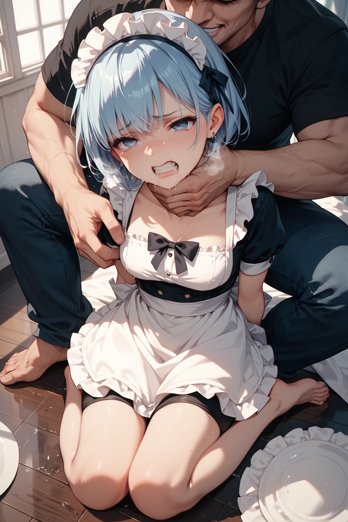 score_9, score_8_up, score_7_up, rating_explicit, masterpiece, best quality,high quality,highres,very aesthetic, absurdres, high detailed,optimal lightning,4k,8k wallpaper, source_anime, uncensored,official art, official style, megami magazine,BREAK,1girl,fyristia,magical girl,light blue hair,red eyes,thighhighs,short dress,unamused,disappointed,embarrassed,looking away,half closed eyes,tier,sexual ecstasy,(((drooling))),((motion lines)),in heart,((steam)),(sweat),1male,faceless male,back alley,deep shadows,night,sex,cowgirl,