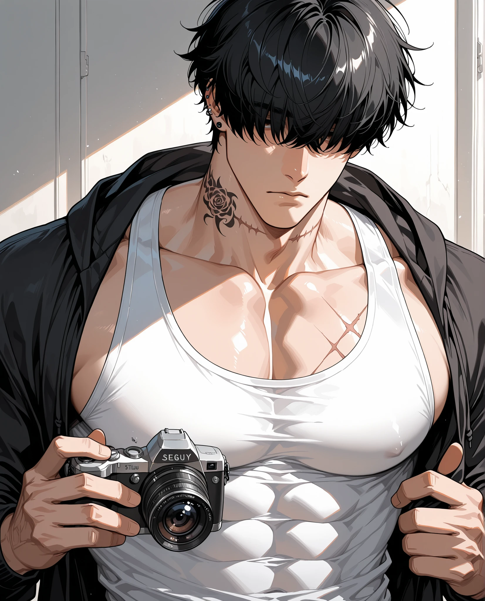 1boy, scar, male focus, pectorals, muscular, muscular male, solo, abs, large pectorals, hair over eyes, black hair, piercing,covered eyes, muscular male, sexy man, handsome man, handsome face, holding a camera, tattoos on his neck and fingers, tired expression, bad guy, unzip black hoodie, white tank top, sketch, black and white, studio room background, drawing style,Realistic facial features, detailed features, well-defined features, semi-realistic style, painted style, detailed style, solo, painted style, minimalism, beautiful face, adult male style, short hair, beautiful eyes, beautiful face.