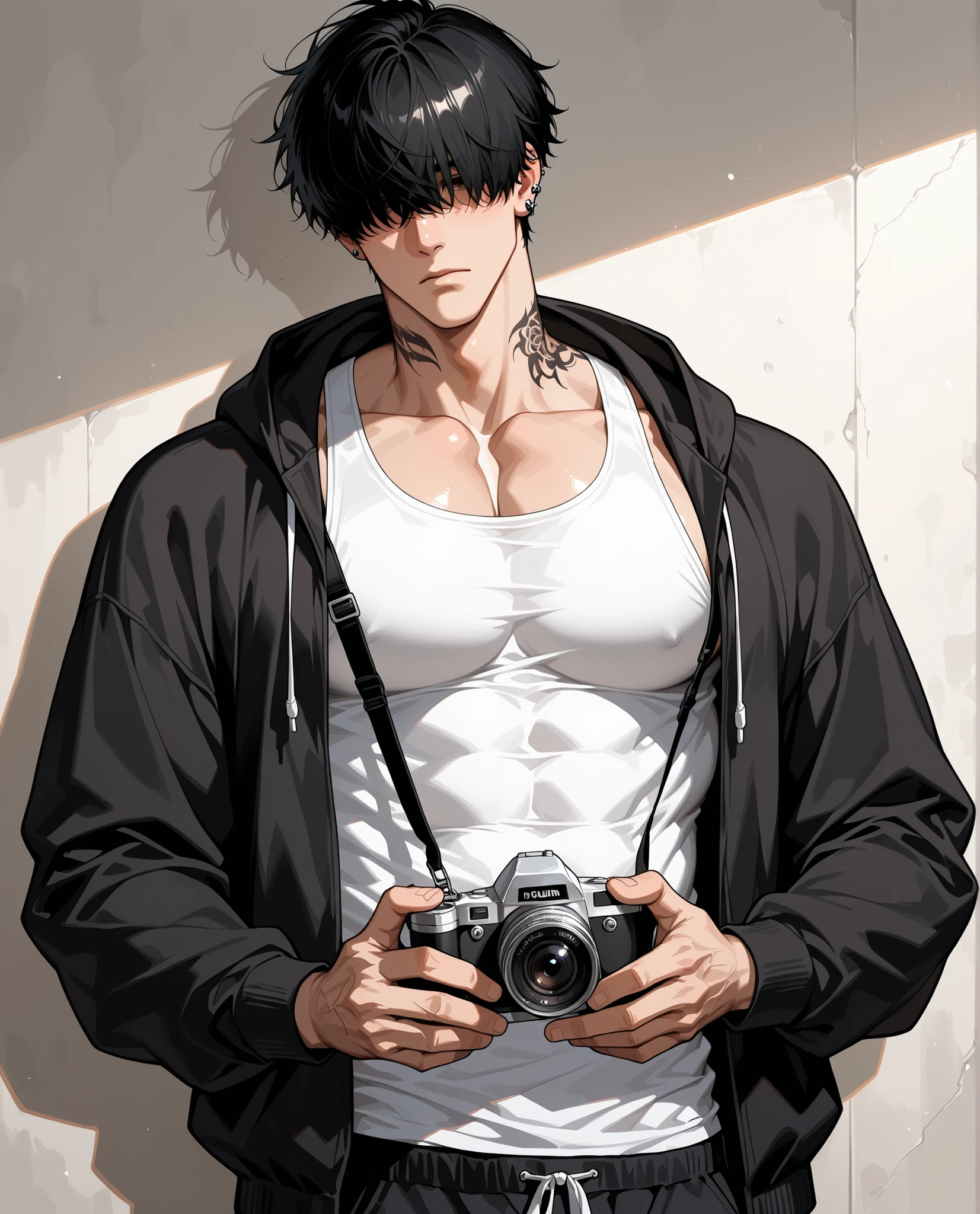 1boy, scar, male focus, pectorals, muscular, muscular male, solo, abs, large pectorals, hair over eyes, black hair, piercing,covered eyes, muscular male, sexy man, handsome man, handsome face, holding a camera, tattoos on his neck and fingers, tired expression, bad guy, unzip black hoodie, white tank top, sketch, black and white, studio room background, drawing style,Realistic facial features, detailed features, well-defined features, semi-realistic style, painted style, detailed style, solo, painted style, minimalism, beautiful face, adult male style, short hair, beautiful eyes, beautiful face.