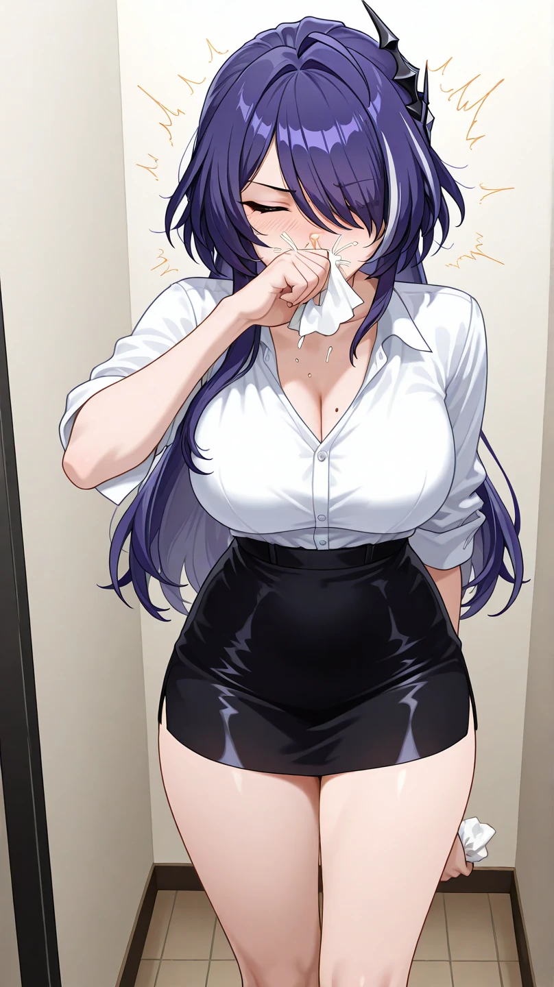 (high quality,Very detailed:1.37, High resolution), Woman, (mature:2.0), Acheron, large breasts, nurse uniform, (wetting herself:2.0), standing, embarrassed, humiliation, (tiny pupils:1.5), (sweating:1.5), shaking, (trembling:1.5), (blushing:1.5), Meticulous details, (extremely detailed eyes:1.37)