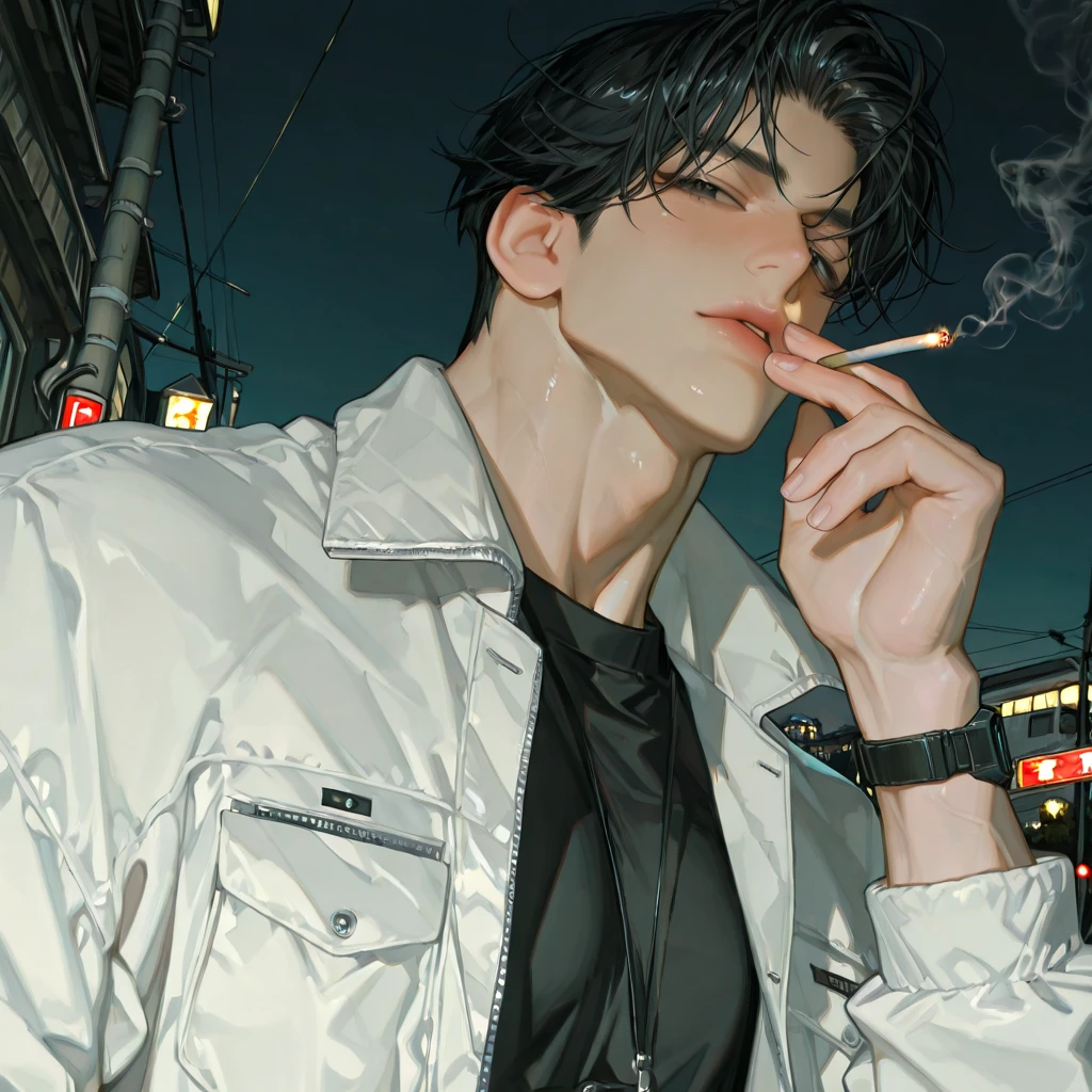 One man, man bun, black hair, cigarette, night view