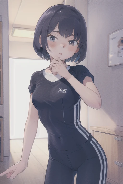 (masterpiece,Highest Quality),(child),(Sportsbra,Long black hoodie),(A dark-haired,Medium bob),embarrassed from,Delicate body