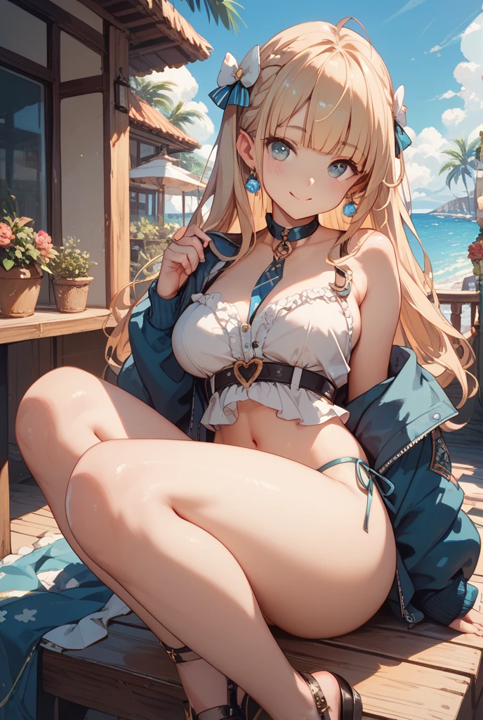 ((masterpiece, Highest quality)), (One Girl), (alone), (Focus on women), (Ahoge, , Very long hair), Golden Eyes, smile, Open your mouth,Swimwear , Stand on the beach, Index finger, ring finger and middle finger up