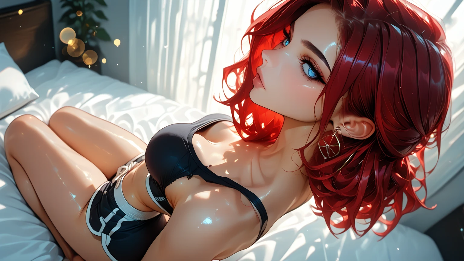 Cute anime girl, swimsuit, pink hair, bangs, curly hair, side braids, halo, heart-shaped pupils, pink eyes, animal ears, cat ears, makeup, makeup, naughty, anime, high detail, anime style, cinematic lighting, depth of field, film grain, wide shot, f/1.2, f/1.8, anatomically correct, high quality, best quality