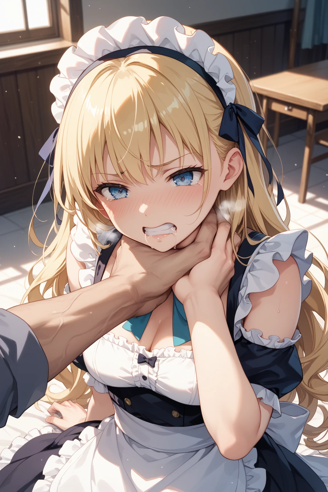 score_9, score_8_up,score_7_up, score_6_up,source_anime, BREAK uncensored, official art, official style,anime_screencap , anime coloring ,dbj , qqx, cch, [[zjw]] , 1girl, SaberFS, blonde hair, green eyes, short hair, french braid, ahoge, beautiful lips , SaberCasual, white shirt, neck ribbon, long sleeves , high-waist skirt, blue skirt, black pantyhose ,full face blush ,(cum on tongue,cum on face,facial,bukkake,projectile cum,excessive cum,cum string) ,POV , bedroom , 1boy , (((Dark-skinned man))) ,huge cock, muscular cock, wide cock, fat cock
