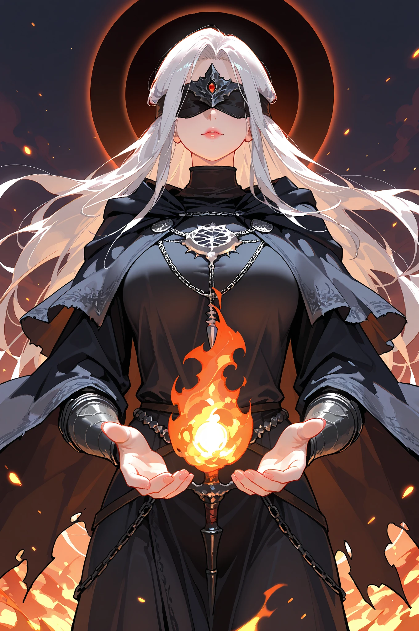 masterpiece:1.2, best quality, ultra-detailed, score_9, detailed hands, 4K, 8K, 1girl, fire_keeper, dark_souls, long_silver_hair, blindfold, black_robe, standing_in_front_of_bonfire, ashen_ground, dark_sky, solar_eclipse, red_eclipse, ember_particles, floating_embers, ethereal, mystical, solemn_expression, flowing_cape, glowing_bonfire, gloomy, cinematic_angle, pencil_texture, extreme detail, realistic hands, detailed fingers
