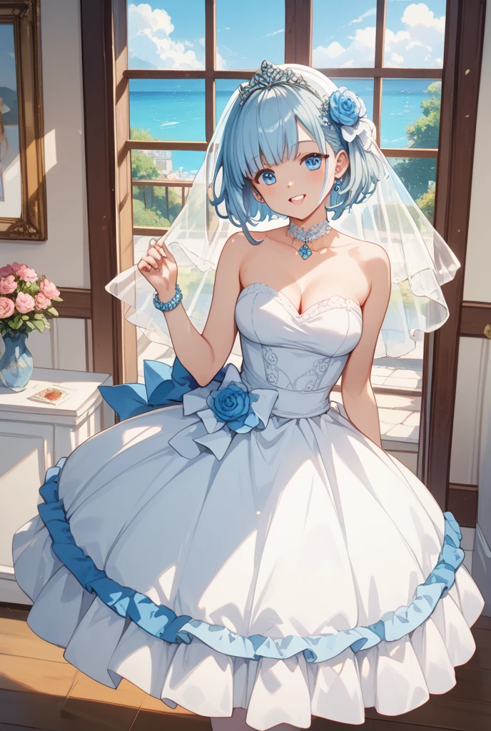 beautiful girl, Gray Hair, blue eyes, Sexy light blue wedding dress, Big Breasts、blue hair ornament