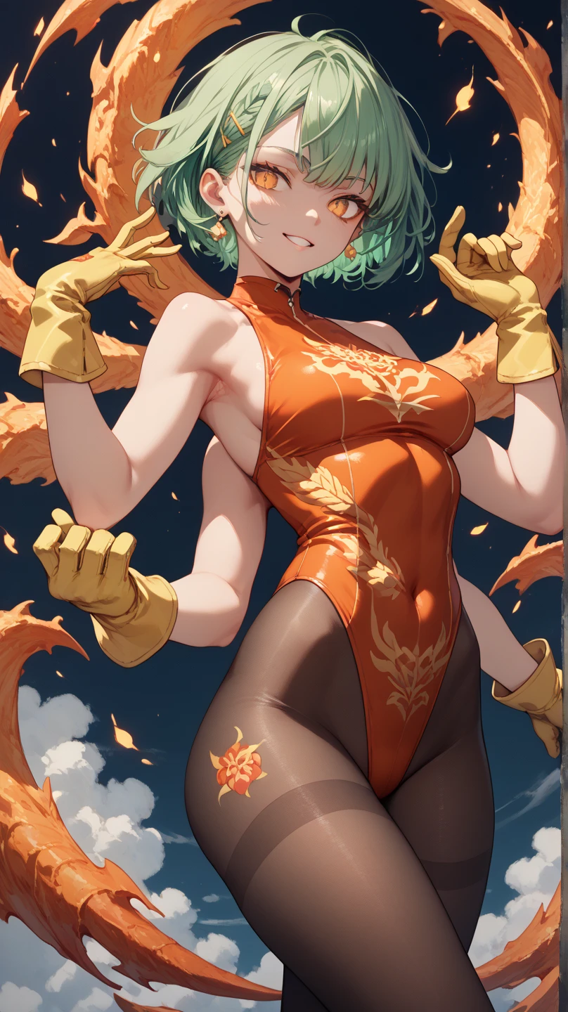 absurd, highres, ultra detailed, (ultra-detailed background, detailed background), extremely detailed, flame demon woman, adult woman, perfect adult face, 35 years old, (zentangle:1.2), (geometric:1.2), colorful, full body, sexy pose, short clothes, dragon tattoo, stars, tiny thong, almost naked, muscular, perfect body, vietnamese ornaments, demon of japanese culture