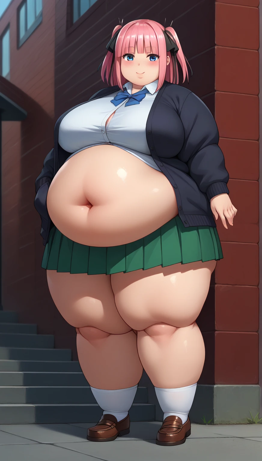 ((Masterpiece)), perfect anatomy, perfect shading, field of depth, (best quality), extremely delicate and beautiful, perfect lighting, detailed face, ultra cute face, cute, (1girl), (solo),
short fluffy brown hair, ponytail, green eyes, ((blush)), embarrassed, looking at viewer, crop top, shorts, cleavage, medium breasts, ((thick thighs)), ((wide hips)), fat ass, chubby,
intricate background, detailed background, fast food restaurant, standing,