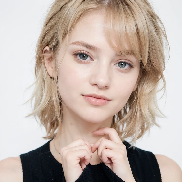 Swedish girl with short blonde hair, Bobcut, Van, blue eyes, 13 years old,((Plain background, Slope)),((Upper Body)),Looking into the camera, Point to the camera,Right hand forward,young, ((white collared shirt)), Pale skin, Ultra-high resolution, Ultra-high resolution, (Realistic:1.4), Doll-like face,Gentle expression,A cheerful smile,Big smile,Facing forward,Bangs down, ((front view))