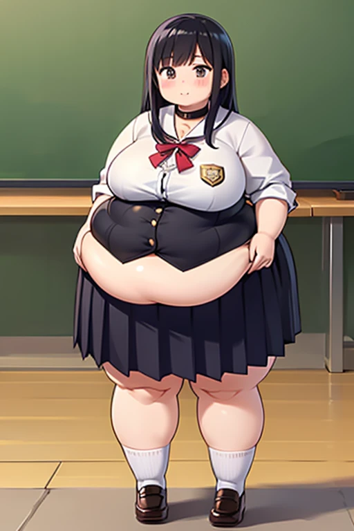 peniparker, frown, sanpaku, looking at viewer, backpack, walking, bedroom, pale skin, bbw, plump, large belly, large breasts, large thighs, love handles, wide hips, weight gain