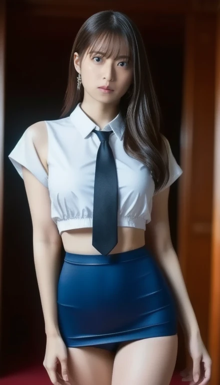 ((best quality,8 thousand,a masterpiece of:1.3)),focus:1.2,perfect beauty:1.4,Highly detailed face and skin textures,whole body,Exquisite eyes,double eyelid,Whitens the skin,gray miniskirt, Tight, NSFW , exposure, no bra,nipple, black stockings, nipple, shirt, necktie